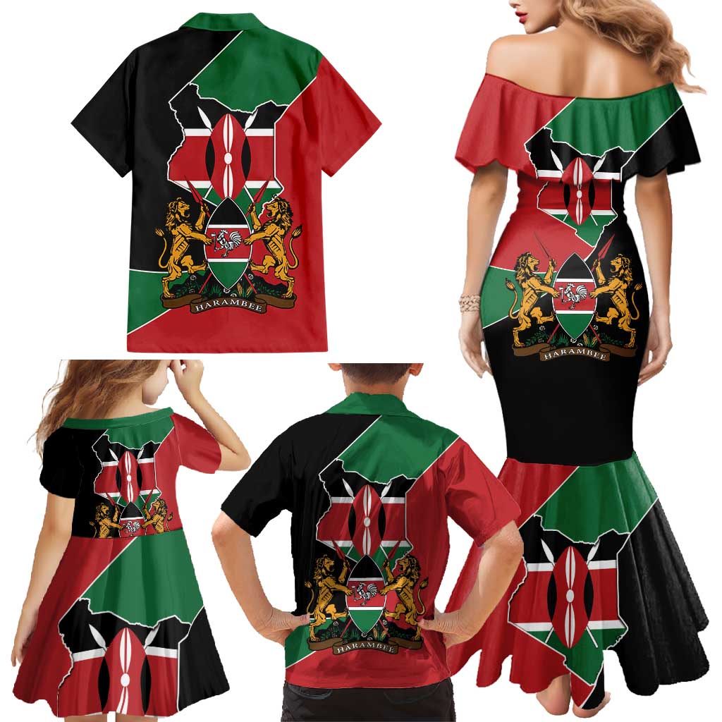 Kenya 254 Family Matching Mermaid Dress and Hawaiian Shirt Kenyan Flag Map Double Lion Shield - Wonder Print Shop