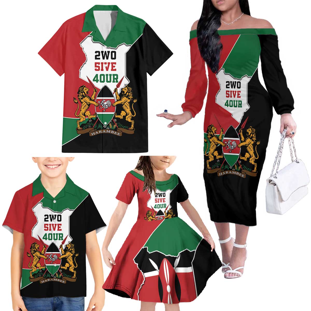 Kenya 254 Family Matching Off The Shoulder Long Sleeve Dress and Hawaiian Shirt Kenyan Flag Map Double Lion Shield - Wonder Print Shop