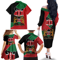Kenya 254 Family Matching Off The Shoulder Long Sleeve Dress and Hawaiian Shirt Kenyan Flag Map Double Lion Shield - Wonder Print Shop