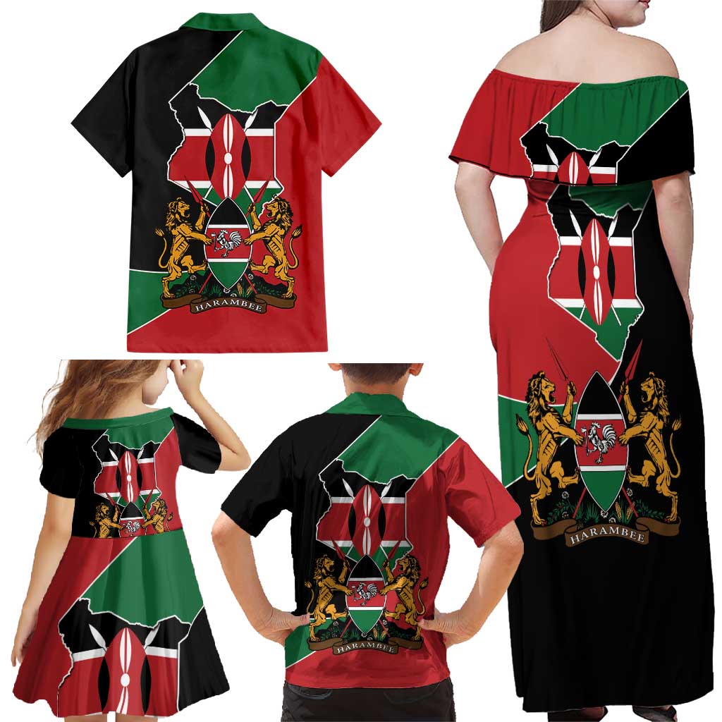 Kenya 254 Family Matching Off Shoulder Maxi Dress and Hawaiian Shirt Kenyan Flag Map Double Lion Shield - Wonder Print Shop