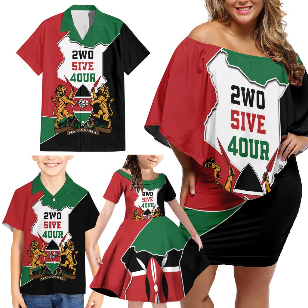 Kenya 254 Family Matching Off Shoulder Short Dress and Hawaiian Shirt Kenyan Flag Map Double Lion Shield - Wonder Print Shop