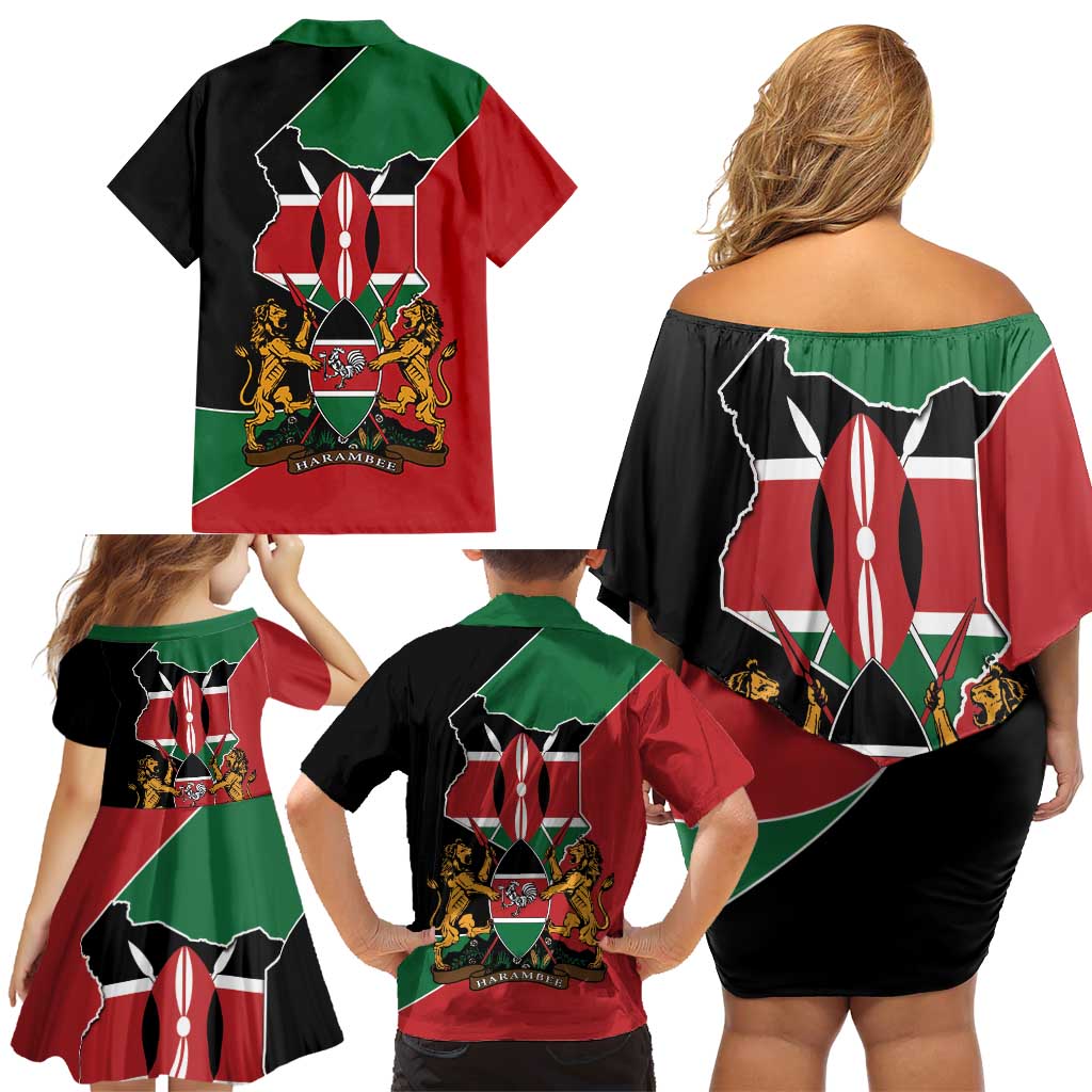 Kenya 254 Family Matching Off Shoulder Short Dress and Hawaiian Shirt Kenyan Flag Map Double Lion Shield - Wonder Print Shop