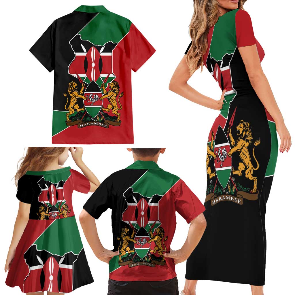 Kenya 254 Family Matching Short Sleeve Bodycon Dress and Hawaiian Shirt Kenyan Flag Map Double Lion Shield - Wonder Print Shop