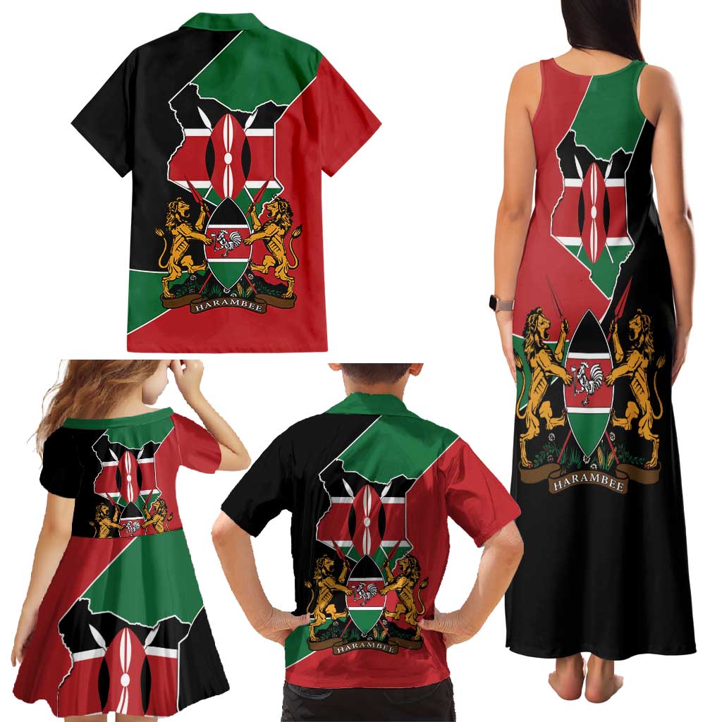Kenya 254 Family Matching Tank Maxi Dress and Hawaiian Shirt Kenyan Flag Map Double Lion Shield - Wonder Print Shop