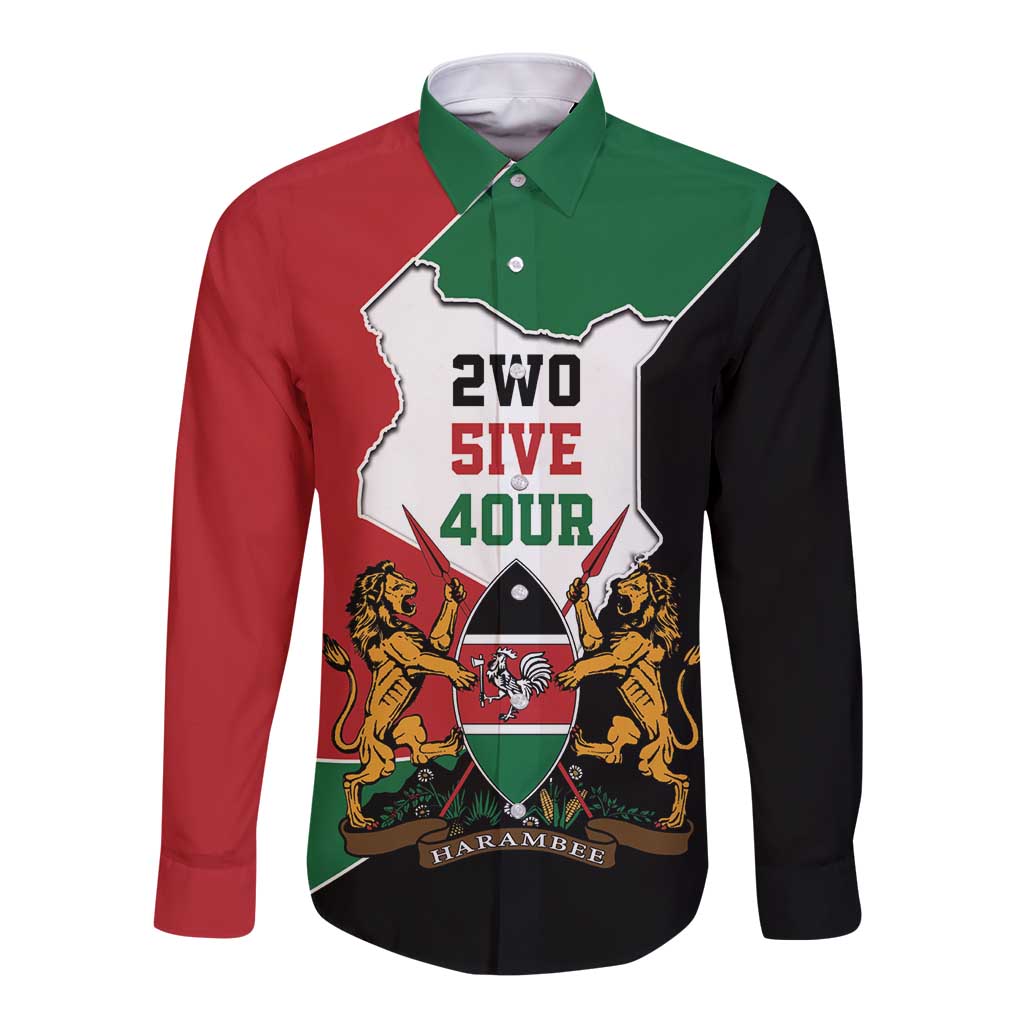 Kenya 254 Long Sleeve Button Shirt Kenyan Flag Map Double Lion Shield - Wonder Print Shop