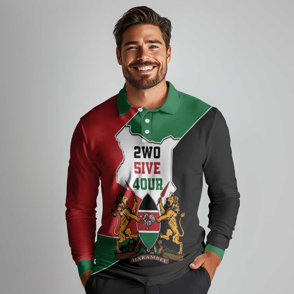 Kenya 254 Long Sleeve Polo Shirt Kenyan Flag Map Double Lion Shield - Wonder Print Shop