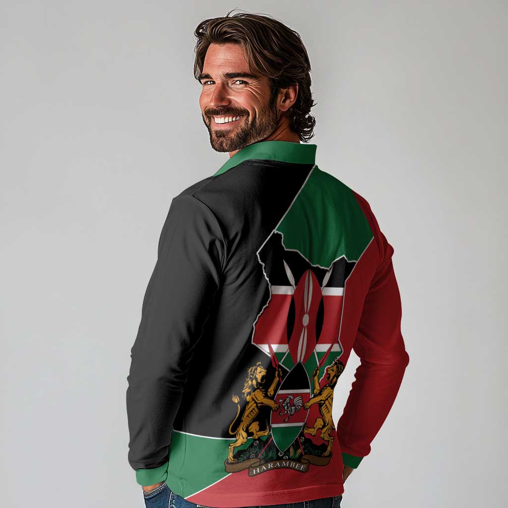 Kenya 254 Long Sleeve Polo Shirt Kenyan Flag Map Double Lion Shield - Wonder Print Shop