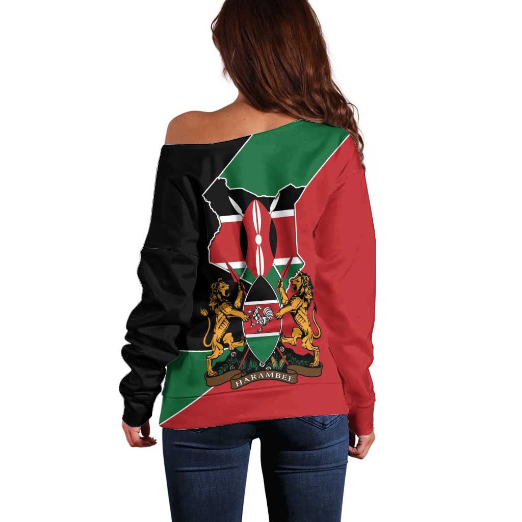 Kenya 254 Off Shoulder Sweater Kenyan Flag Map Double Lion Shield - Wonder Print Shop