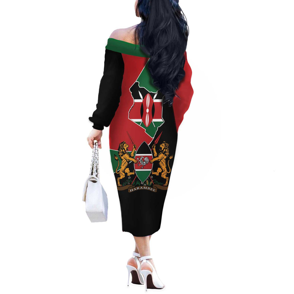 Kenya 254 Off The Shoulder Long Sleeve Dress Kenyan Flag Map Double Lion Shield - Wonder Print Shop
