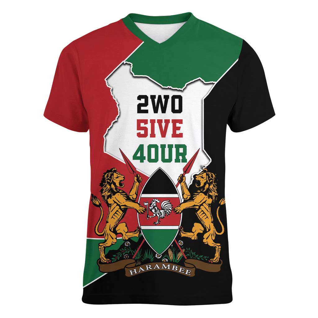 Kenya 254 Women V-Neck T-Shirt Kenyan Flag Map Double Lion Shield - Wonder Print Shop