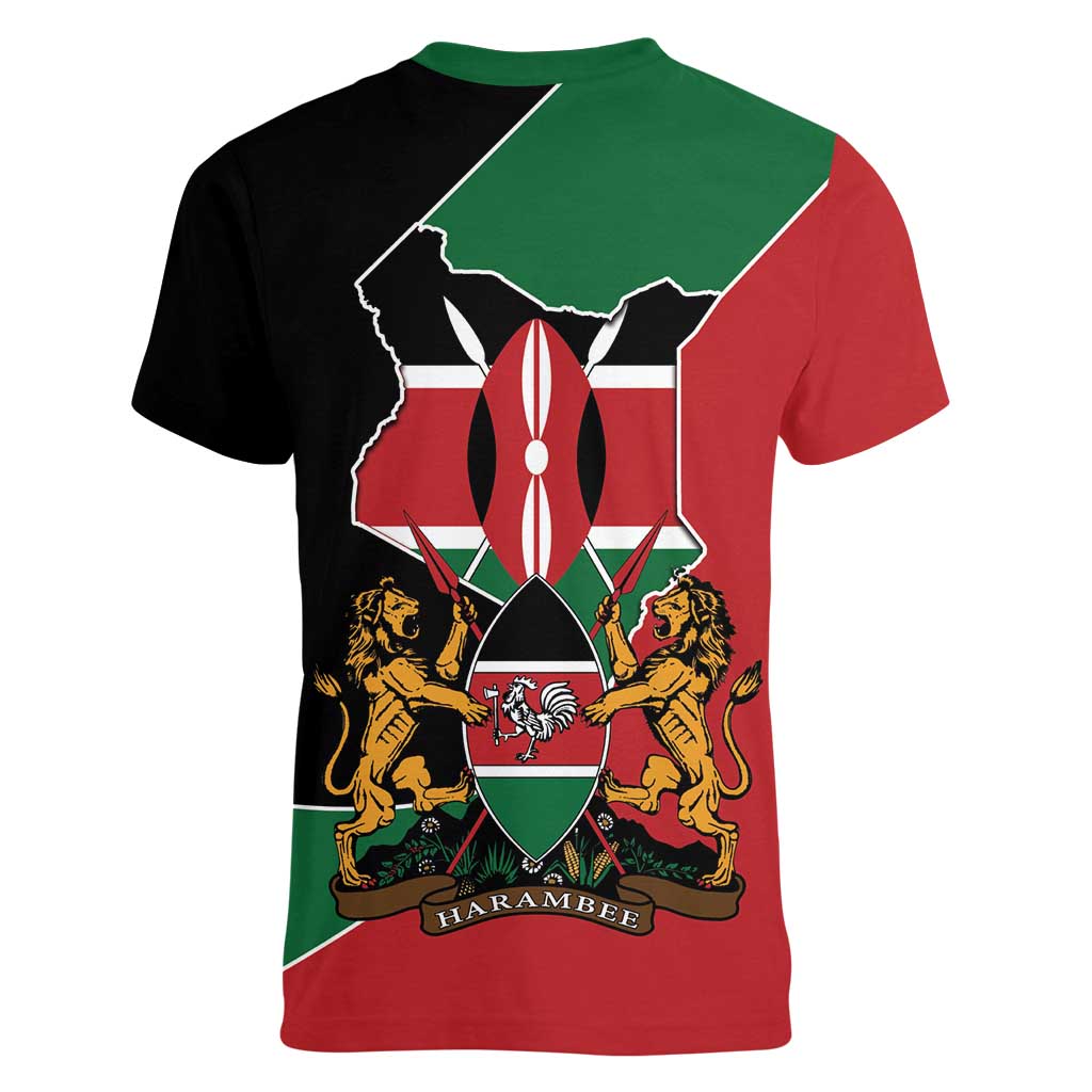 Kenya 254 Women V-Neck T-Shirt Kenyan Flag Map Double Lion Shield - Wonder Print Shop