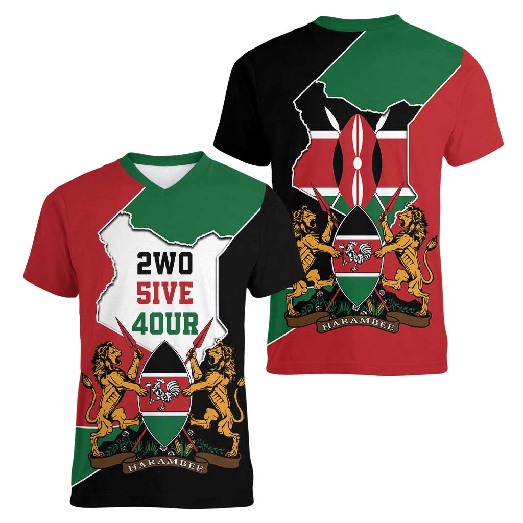 Kenya 254 Women V-Neck T-Shirt Kenyan Flag Map Double Lion Shield - Wonder Print Shop