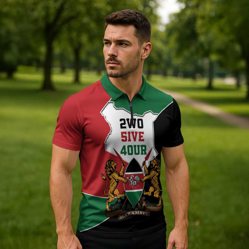 Kenya 254 Zipper Polo Shirt Kenyan Flag Map Double Lion Shield - Wonder Print Shop
