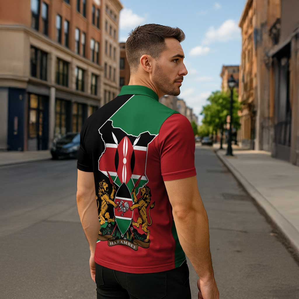 Kenya 254 Zipper Polo Shirt Kenyan Flag Map Double Lion Shield - Wonder Print Shop