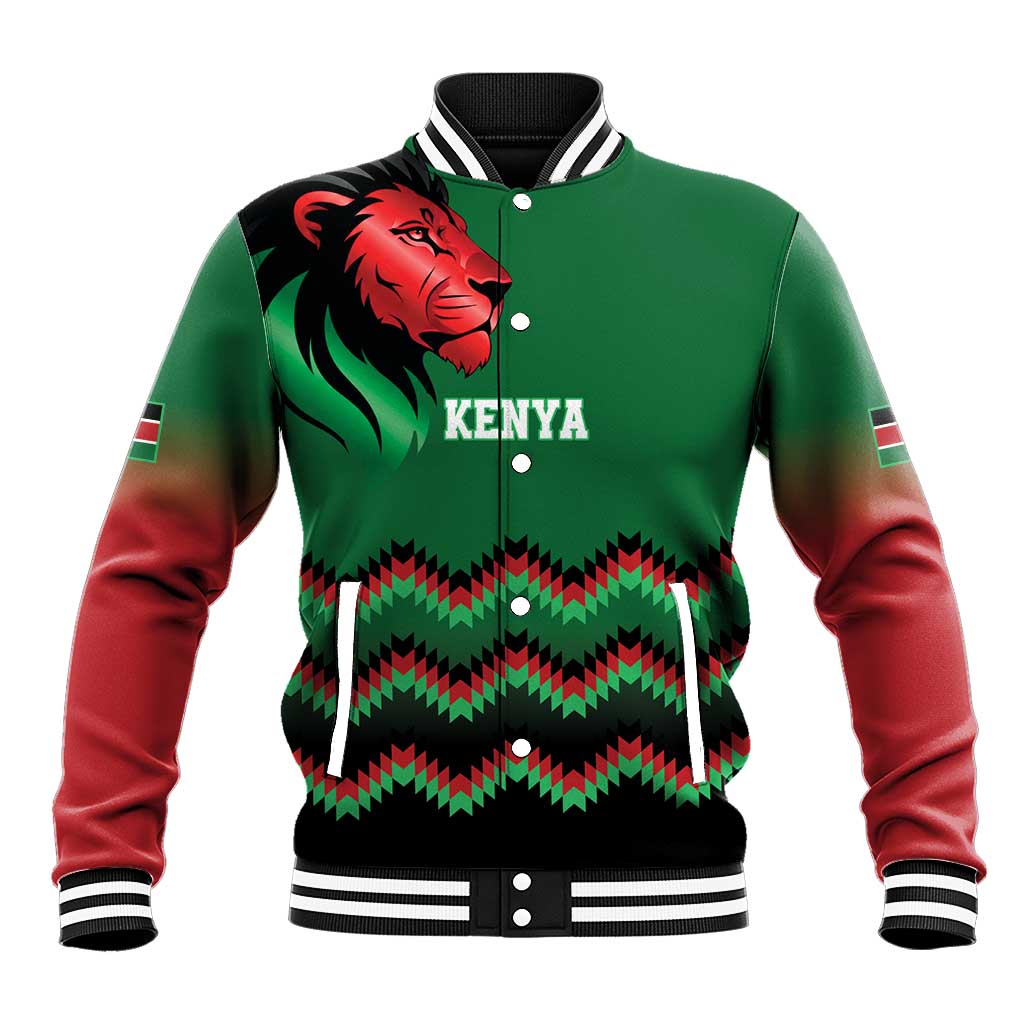 Kenya Cricket Custom Baseball Jacket Green Lion Head with Kenyan Pattern - Wonder Print Shop