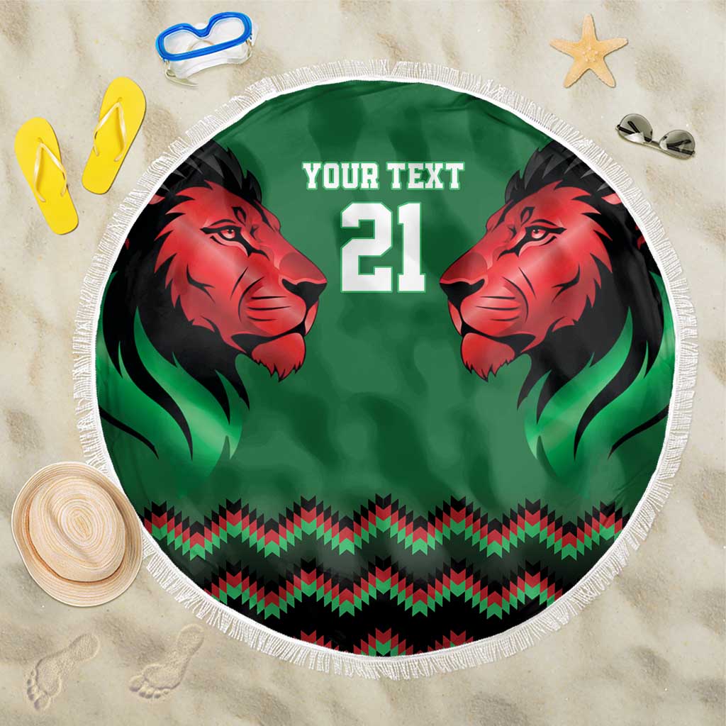Kenya Cricket Custom Beach Blanket Green Lion Head with Kenyan Pattern - Wonder Print Shop