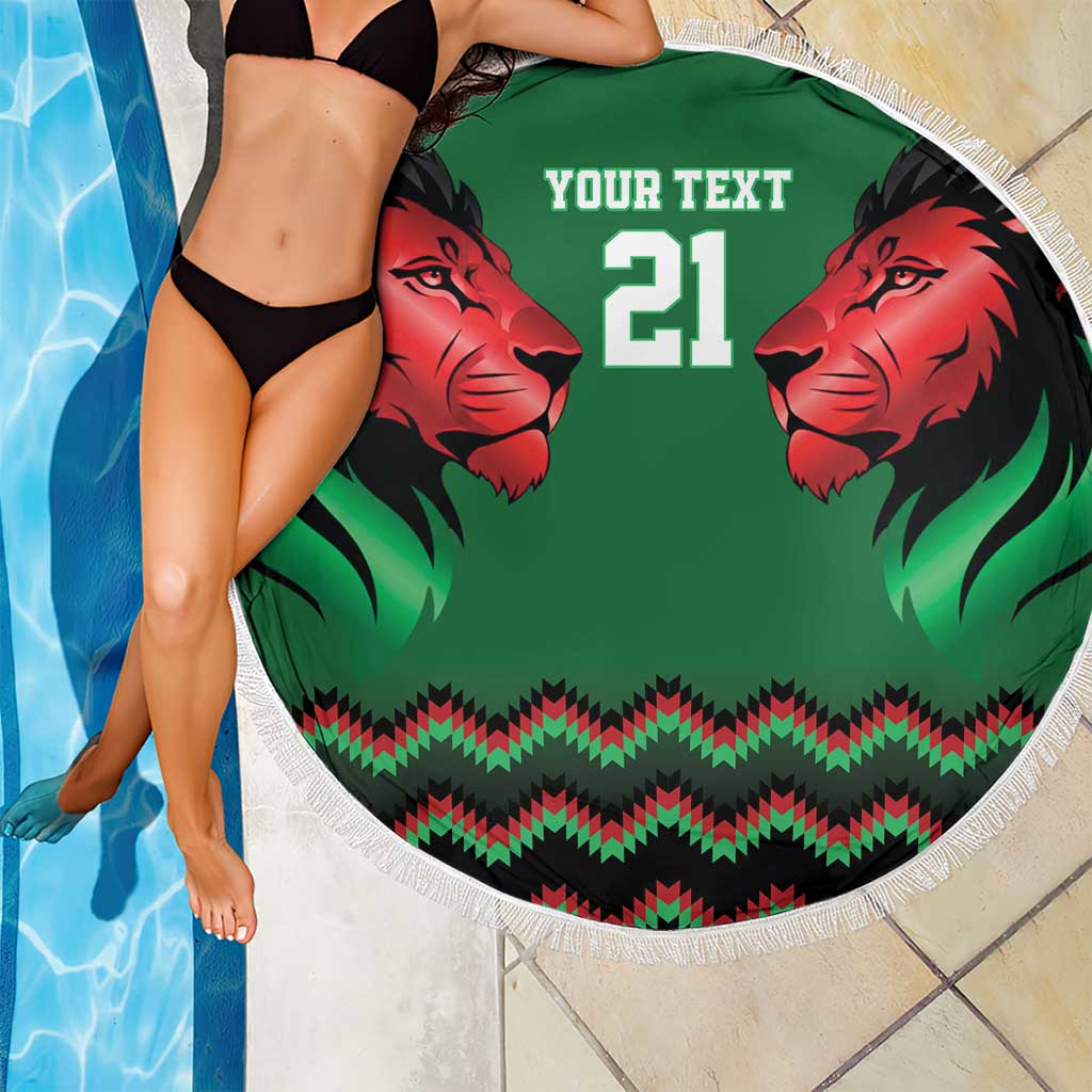 Kenya Cricket Custom Beach Blanket Green Lion Head with Kenyan Pattern - Wonder Print Shop