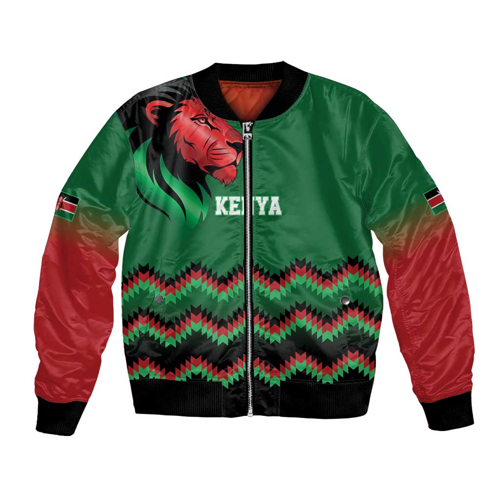 Kenya Cricket Custom Bomber Jacket Green Lion Head with Kenyan Pattern - Wonder Print Shop