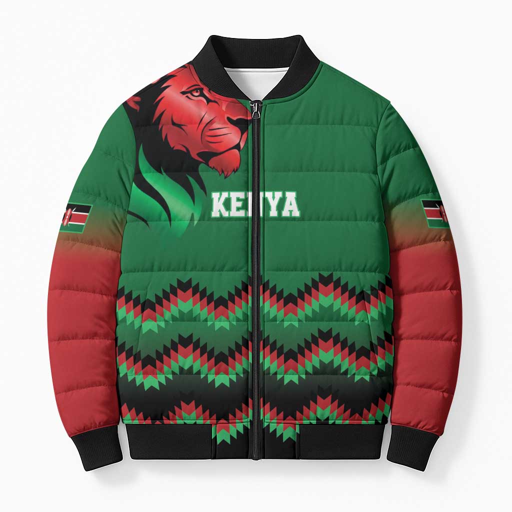 Kenya Cricket Custom Bomber Puffer Jacket Green Lion Head with Kenyan Pattern - Wonder Print Shop