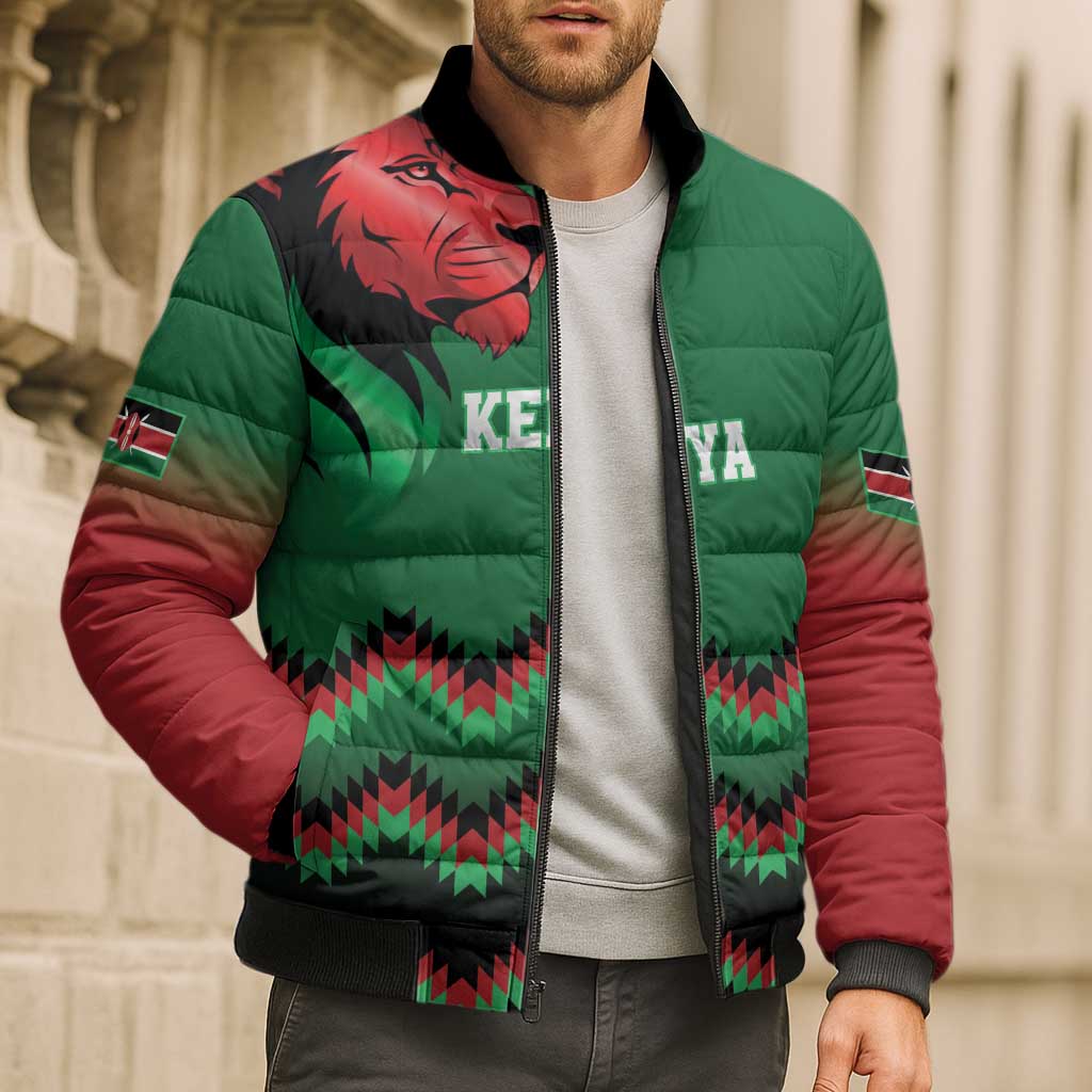 Kenya Cricket Custom Bomber Puffer Jacket Green Lion Head with Kenyan Pattern - Wonder Print Shop
