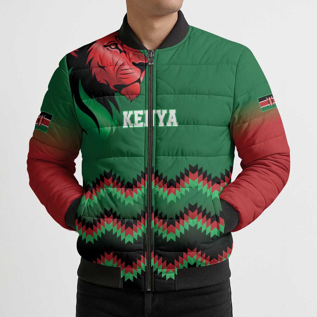 Kenya Cricket Custom Bomber Puffer Jacket Green Lion Head with Kenyan Pattern - Wonder Print Shop
