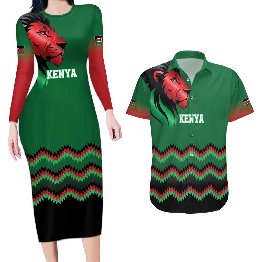 Kenya Cricket Custom Couples Matching Long Sleeve Bodycon Dress and Hawaiian Shirt Green Lion Head with Kenyan Pattern - Wonder Print Shop