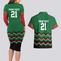 Kenya Cricket Custom Couples Matching Long Sleeve Bodycon Dress and Hawaiian Shirt Green Lion Head with Kenyan Pattern - Wonder Print Shop