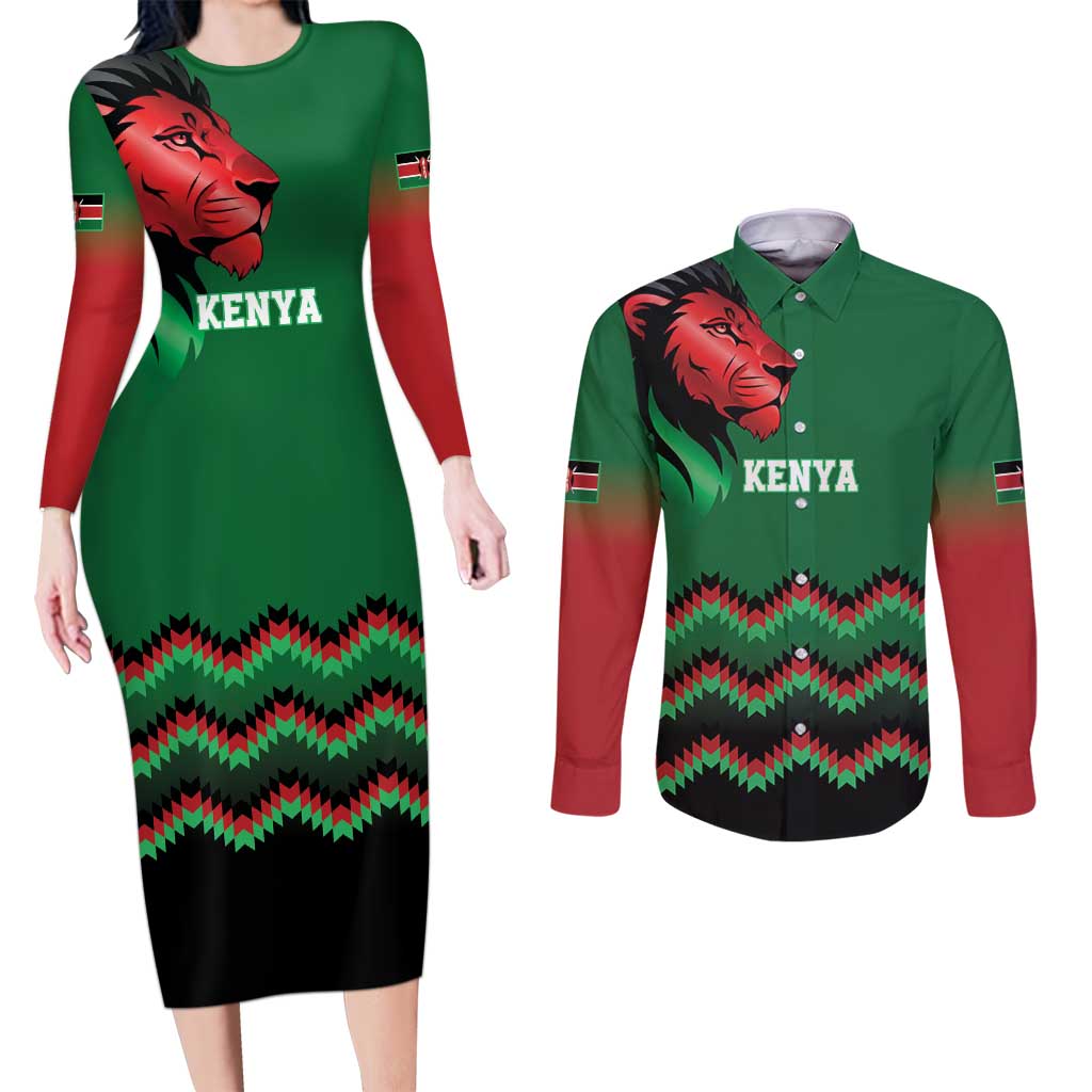 Kenya Cricket Custom Couples Matching Long Sleeve Bodycon Dress and Long Sleeve Button Shirt Green Lion Head with Kenyan Pattern - Wonder Print Shop
