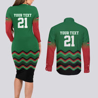Kenya Cricket Custom Couples Matching Long Sleeve Bodycon Dress and Long Sleeve Button Shirt Green Lion Head with Kenyan Pattern - Wonder Print Shop