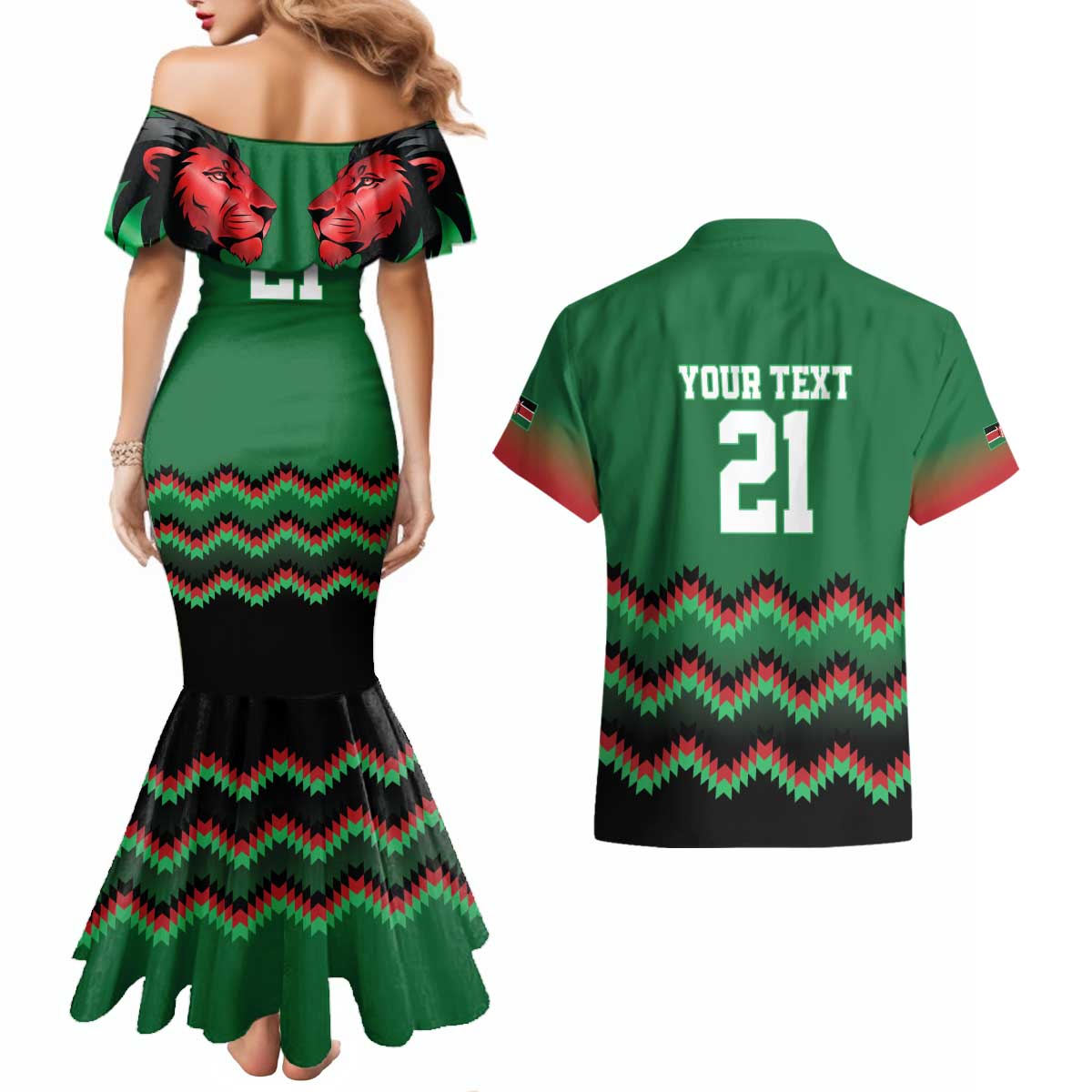 Kenya Cricket Custom Couples Matching Mermaid Dress and Hawaiian Shirt Green Lion Head with Kenyan Pattern - Wonder Print Shop