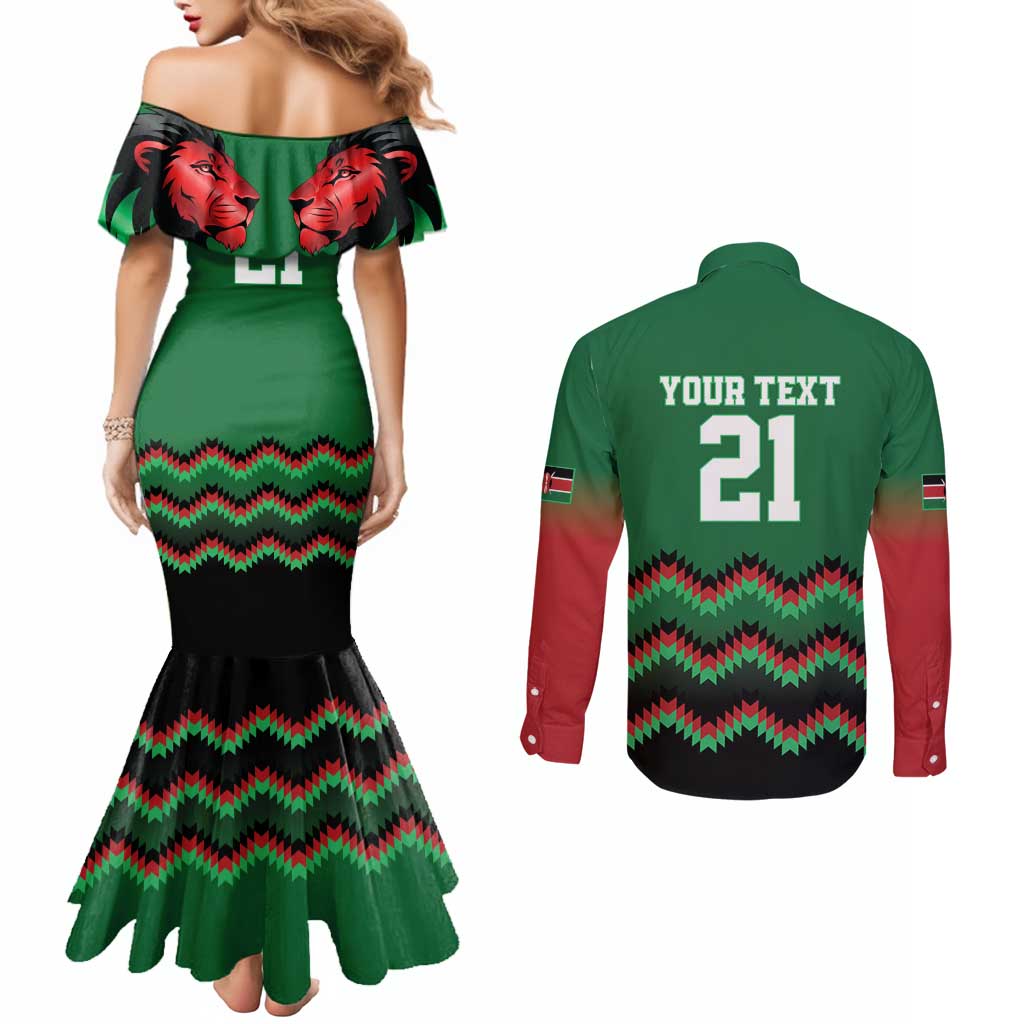 Kenya Cricket Custom Couples Matching Mermaid Dress and Long Sleeve Button Shirt Green Lion Head with Kenyan Pattern - Wonder Print Shop