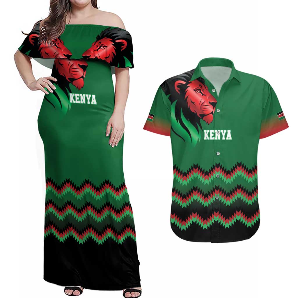 Kenya Cricket Custom Couples Matching Off Shoulder Maxi Dress and Hawaiian Shirt Green Lion Head with Kenyan Pattern - Wonder Print Shop
