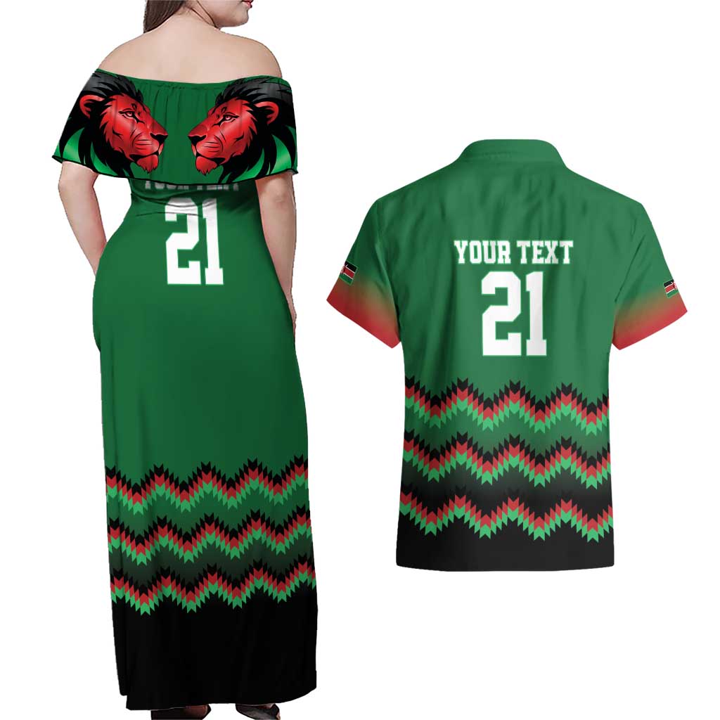 Kenya Cricket Custom Couples Matching Off Shoulder Maxi Dress and Hawaiian Shirt Green Lion Head with Kenyan Pattern - Wonder Print Shop