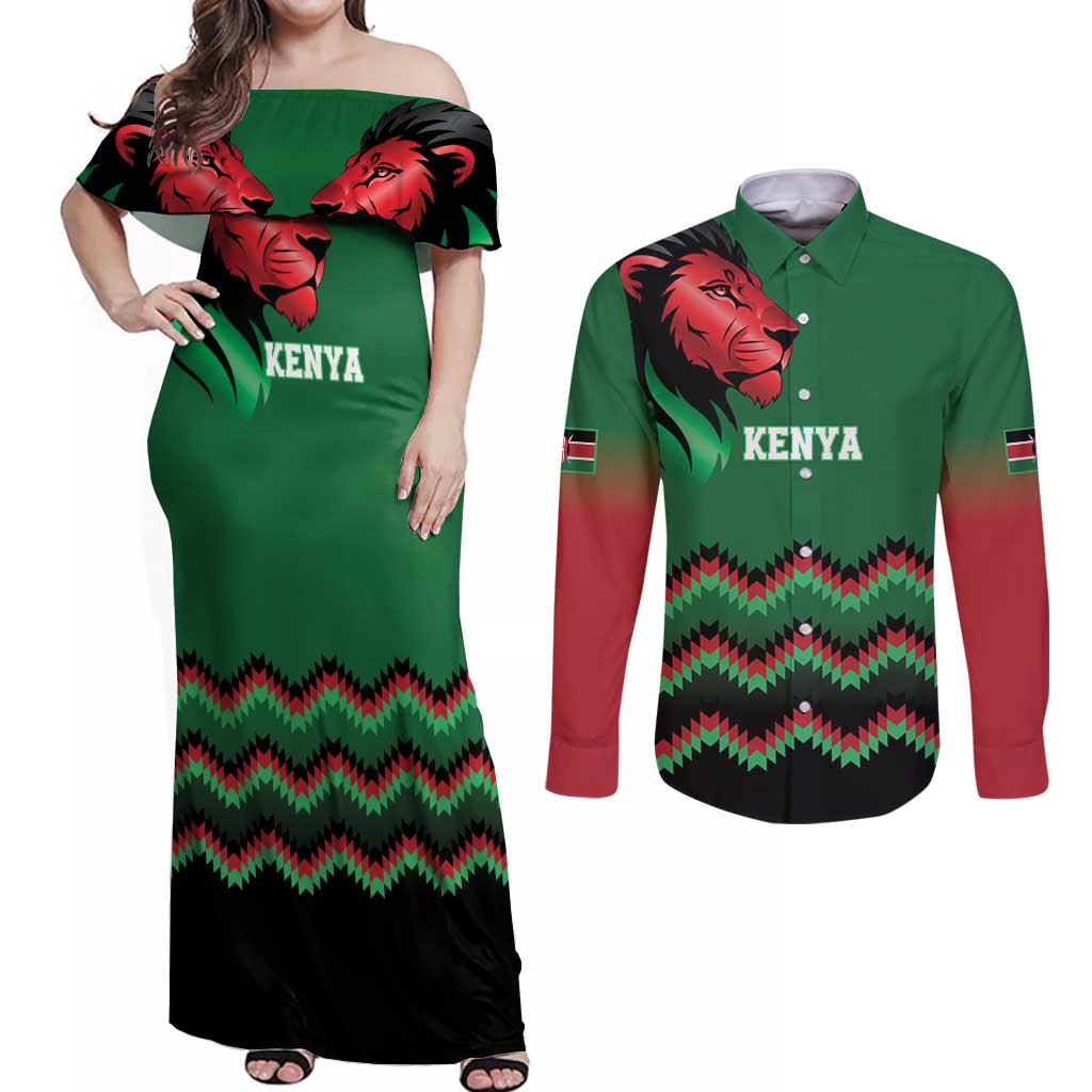 Kenya Cricket Custom Couples Matching Off Shoulder Maxi Dress and Long Sleeve Button Shirt Green Lion Head with Kenyan Pattern - Wonder Print Shop