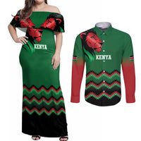 Kenya Cricket Custom Couples Matching Off Shoulder Maxi Dress and Long Sleeve Button Shirt Green Lion Head with Kenyan Pattern - Wonder Print Shop