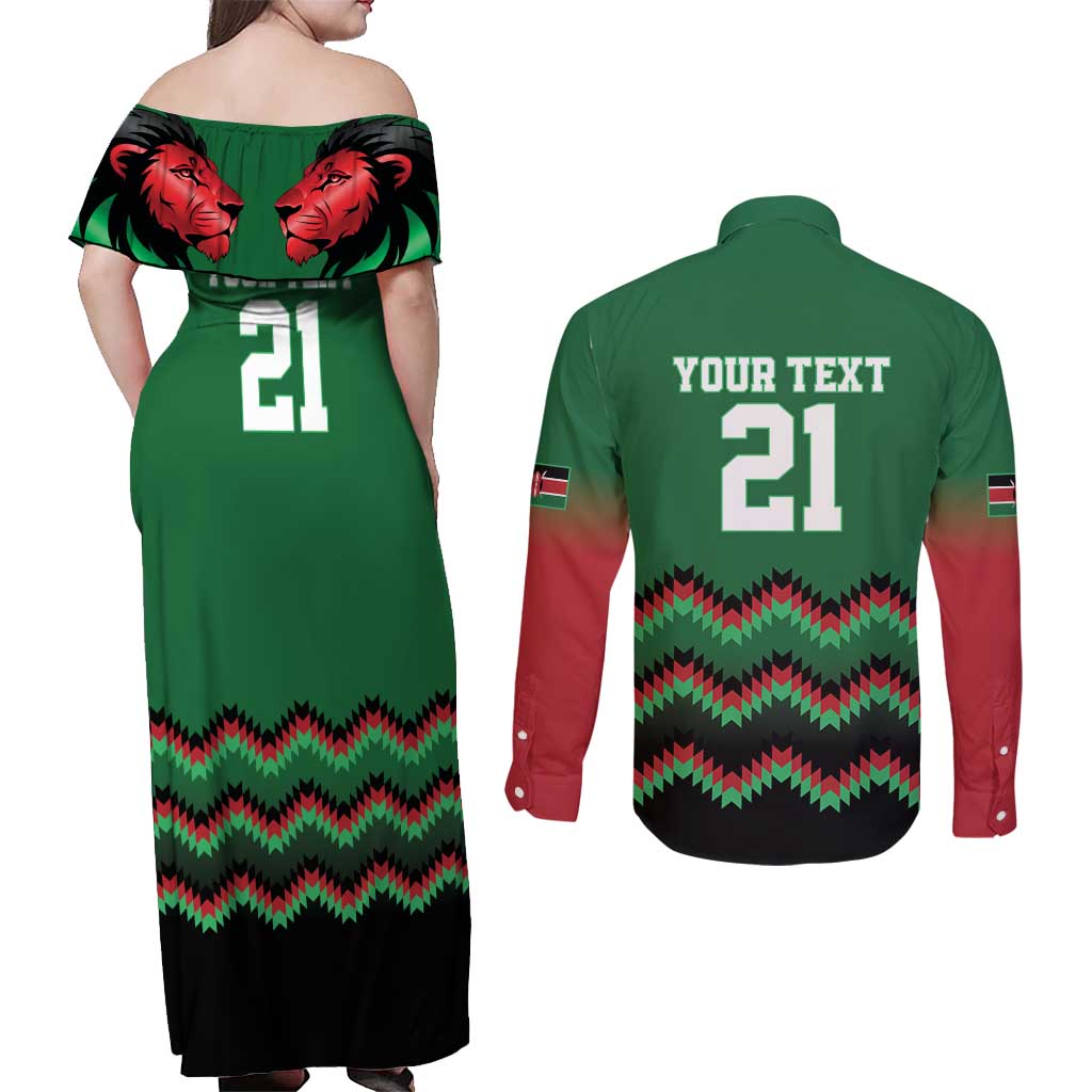 Kenya Cricket Custom Couples Matching Off Shoulder Maxi Dress and Long Sleeve Button Shirt Green Lion Head with Kenyan Pattern - Wonder Print Shop
