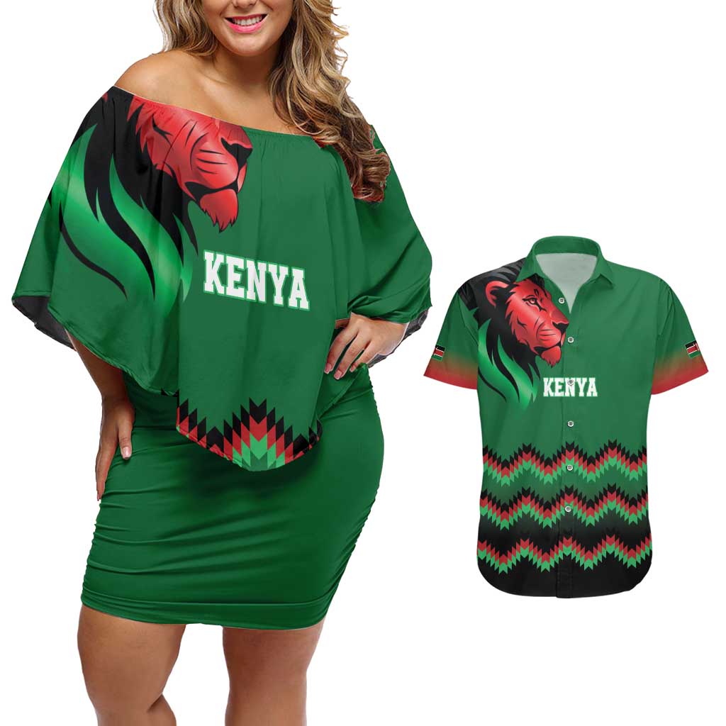 Kenya Cricket Custom Couples Matching Off Shoulder Short Dress and Hawaiian Shirt Green Lion Head with Kenyan Pattern - Wonder Print Shop