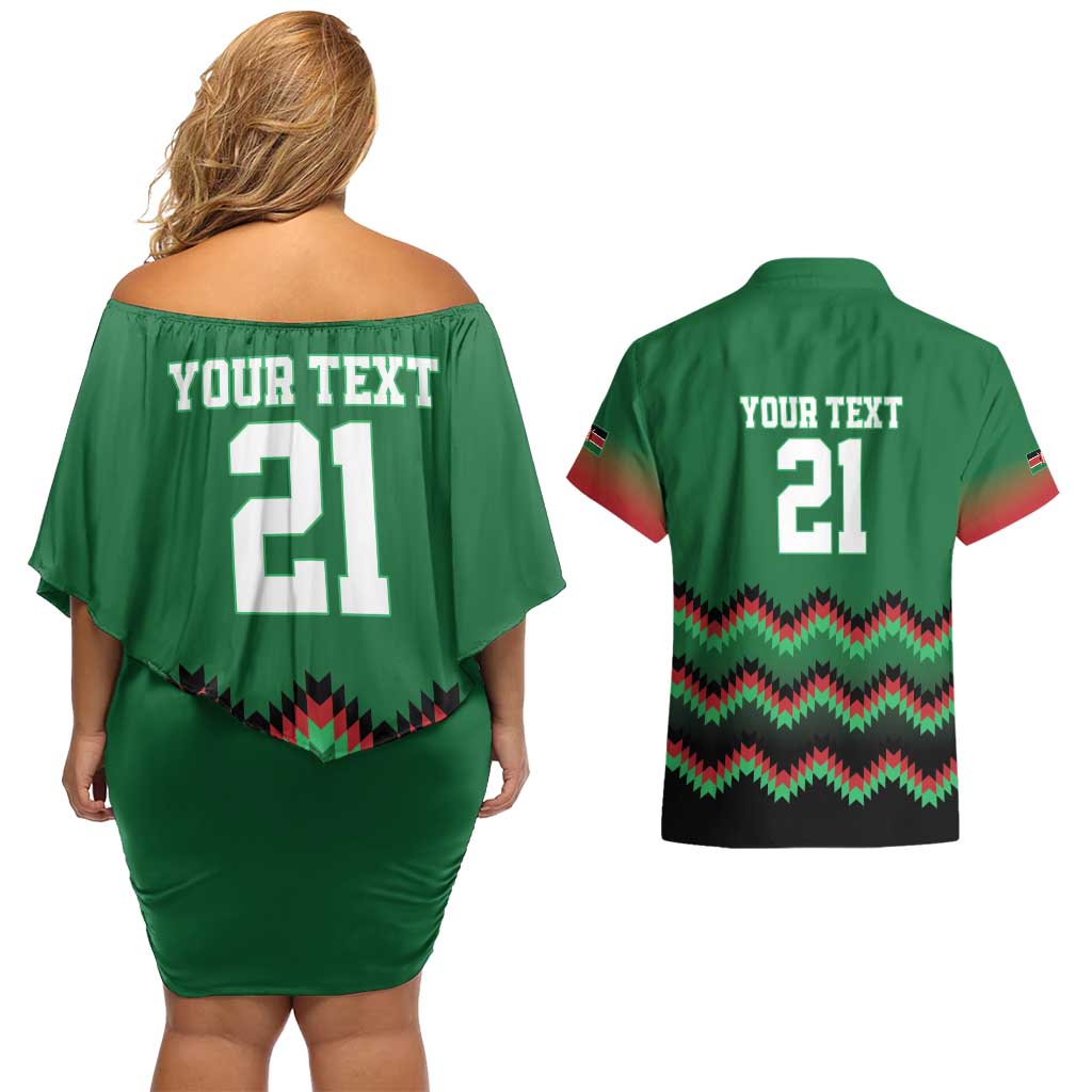 Kenya Cricket Custom Couples Matching Off Shoulder Short Dress and Hawaiian Shirt Green Lion Head with Kenyan Pattern - Wonder Print Shop
