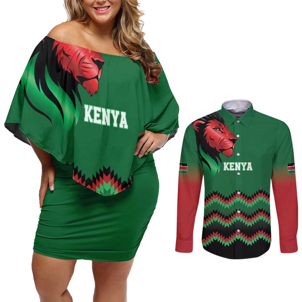 Kenya Cricket Custom Couples Matching Off Shoulder Short Dress and Long Sleeve Button Shirt Green Lion Head with Kenyan Pattern - Wonder Print Shop
