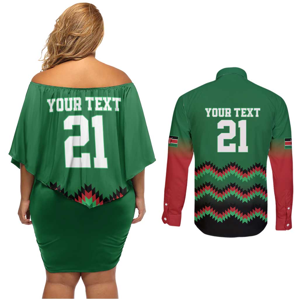 Kenya Cricket Custom Couples Matching Off Shoulder Short Dress and Long Sleeve Button Shirt Green Lion Head with Kenyan Pattern - Wonder Print Shop