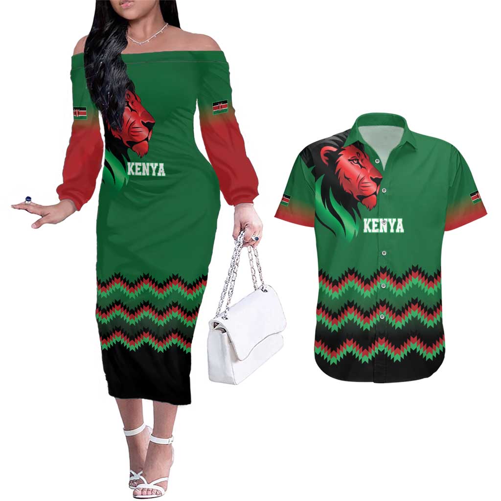 Kenya Cricket Custom Couples Matching Off The Shoulder Long Sleeve Dress and Hawaiian Shirt Green Lion Head with Kenyan Pattern - Wonder Print Shop