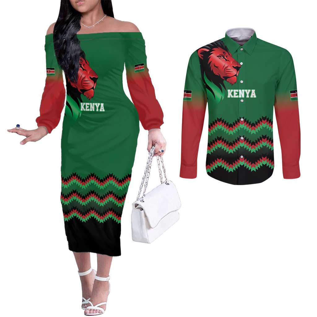 Kenya Cricket Custom Couples Matching Off The Shoulder Long Sleeve Dress and Long Sleeve Button Shirt Green Lion Head with Kenyan Pattern - Wonder Print Shop