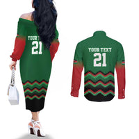 Kenya Cricket Custom Couples Matching Off The Shoulder Long Sleeve Dress and Long Sleeve Button Shirt Green Lion Head with Kenyan Pattern - Wonder Print Shop