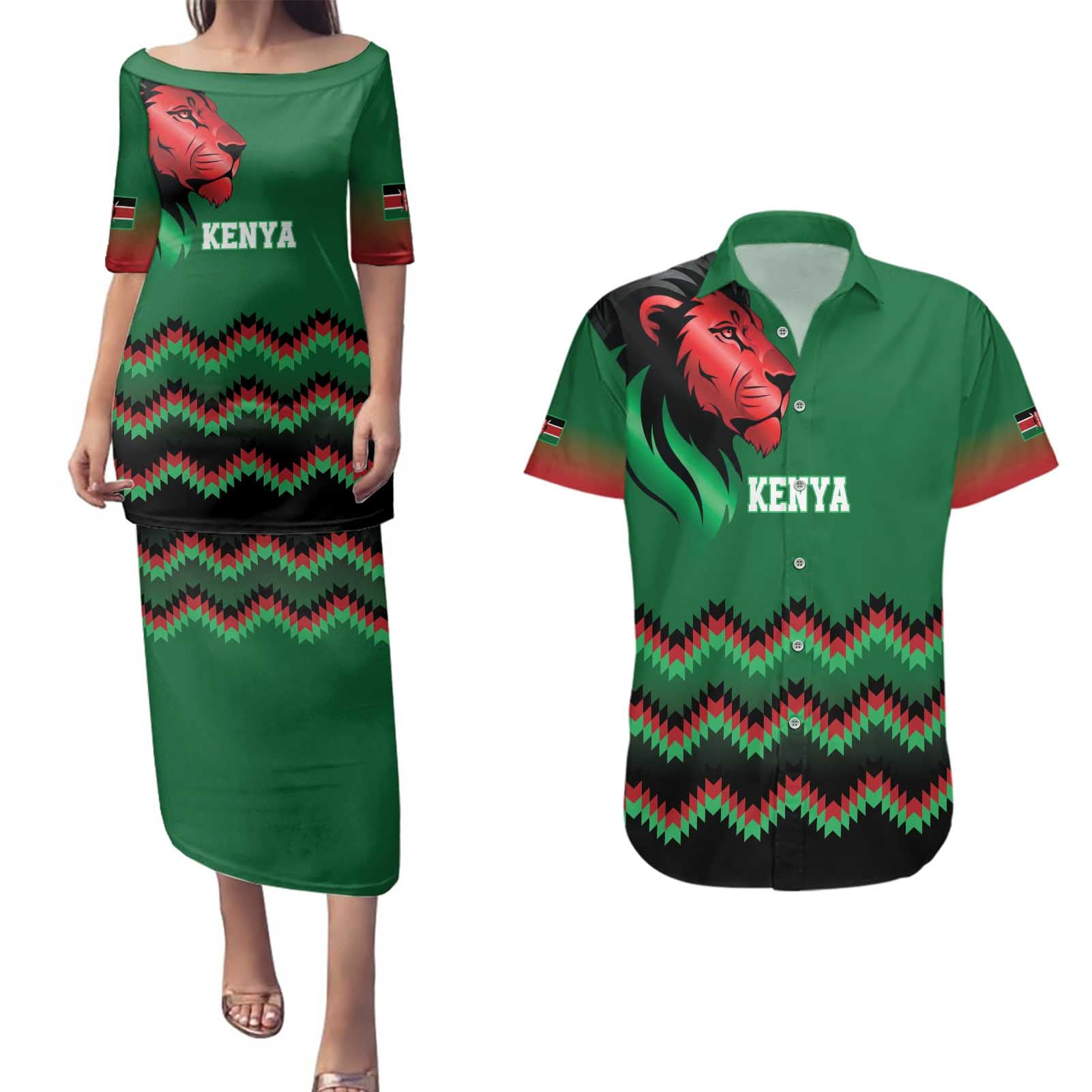 Kenya Cricket Custom Couples Matching Puletasi and Hawaiian Shirt Green Lion Head with Kenyan Pattern - Wonder Print Shop