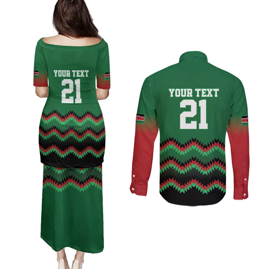 Kenya Cricket Custom Couples Matching Puletasi and Long Sleeve Button Shirt Green Lion Head with Kenyan Pattern - Wonder Print Shop