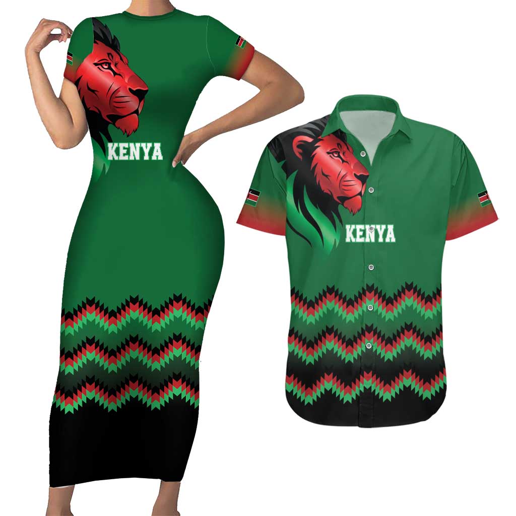 Kenya Cricket Custom Couples Matching Short Sleeve Bodycon Dress and Hawaiian Shirt Green Lion Head with Kenyan Pattern - Wonder Print Shop
