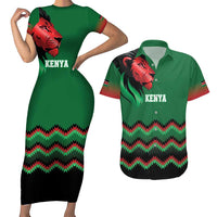 Kenya Cricket Custom Couples Matching Short Sleeve Bodycon Dress and Hawaiian Shirt Green Lion Head with Kenyan Pattern - Wonder Print Shop