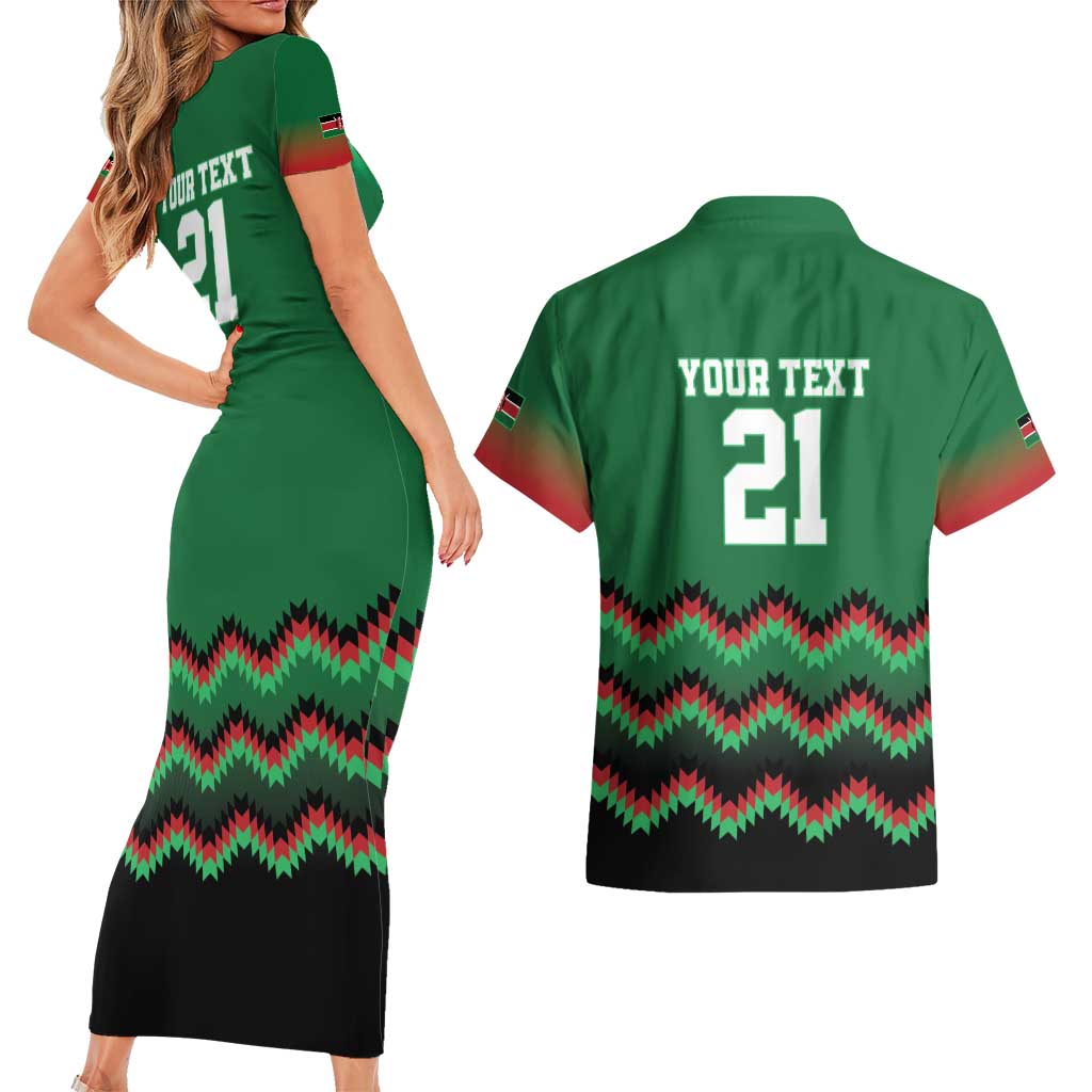 Kenya Cricket Custom Couples Matching Short Sleeve Bodycon Dress and Hawaiian Shirt Green Lion Head with Kenyan Pattern - Wonder Print Shop