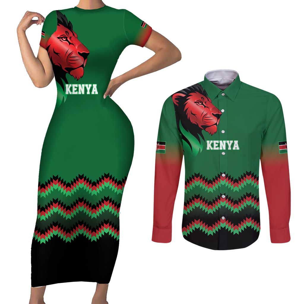 Kenya Cricket Custom Couples Matching Short Sleeve Bodycon Dress and Long Sleeve Button Shirt Green Lion Head with Kenyan Pattern - Wonder Print Shop