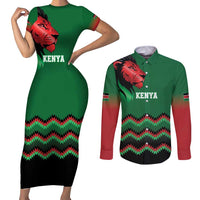 Kenya Cricket Custom Couples Matching Short Sleeve Bodycon Dress and Long Sleeve Button Shirt Green Lion Head with Kenyan Pattern - Wonder Print Shop